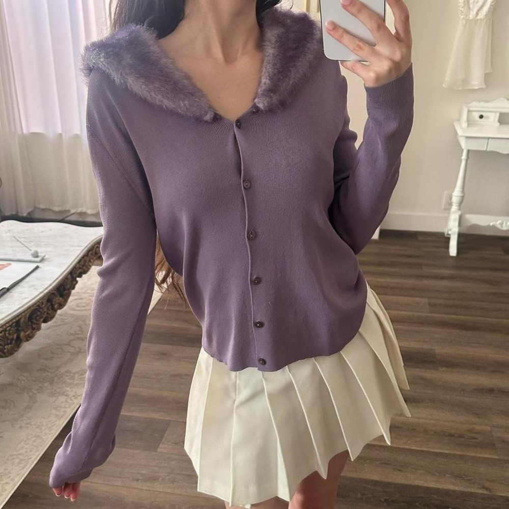Vintage M Joseph A. Purple Faux Fur Trim Cardigan